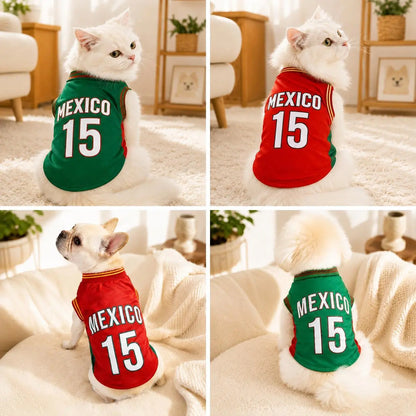 Mexico 15 Dog and Cat Jersey Shirt Red or Green Breathable Pet Soccer Vest Lightweight Sleeveless Mesh Puppy Sports Outfit for Small Medium Pets Cute Dog Cat Clothes for Walks Photos Parties Game Day Trendy Team Apparel Jersey